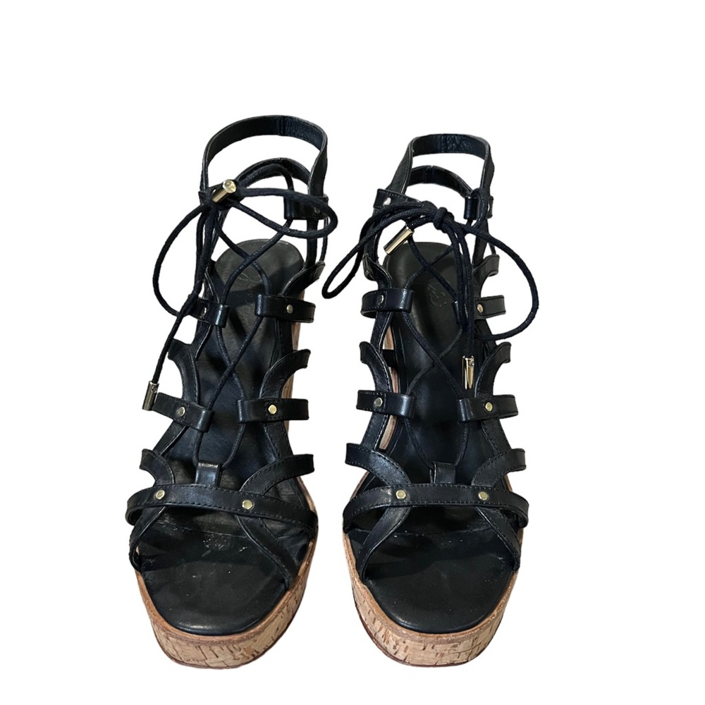 Joie lace up black and cork wedges with gold detailing
